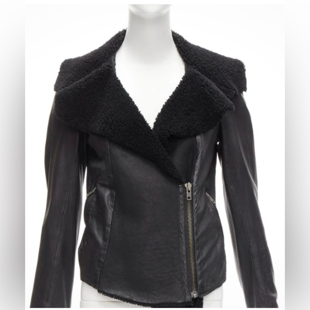 All Saints “Nene Jacket” Black Leather Jacket with Shearling Collar